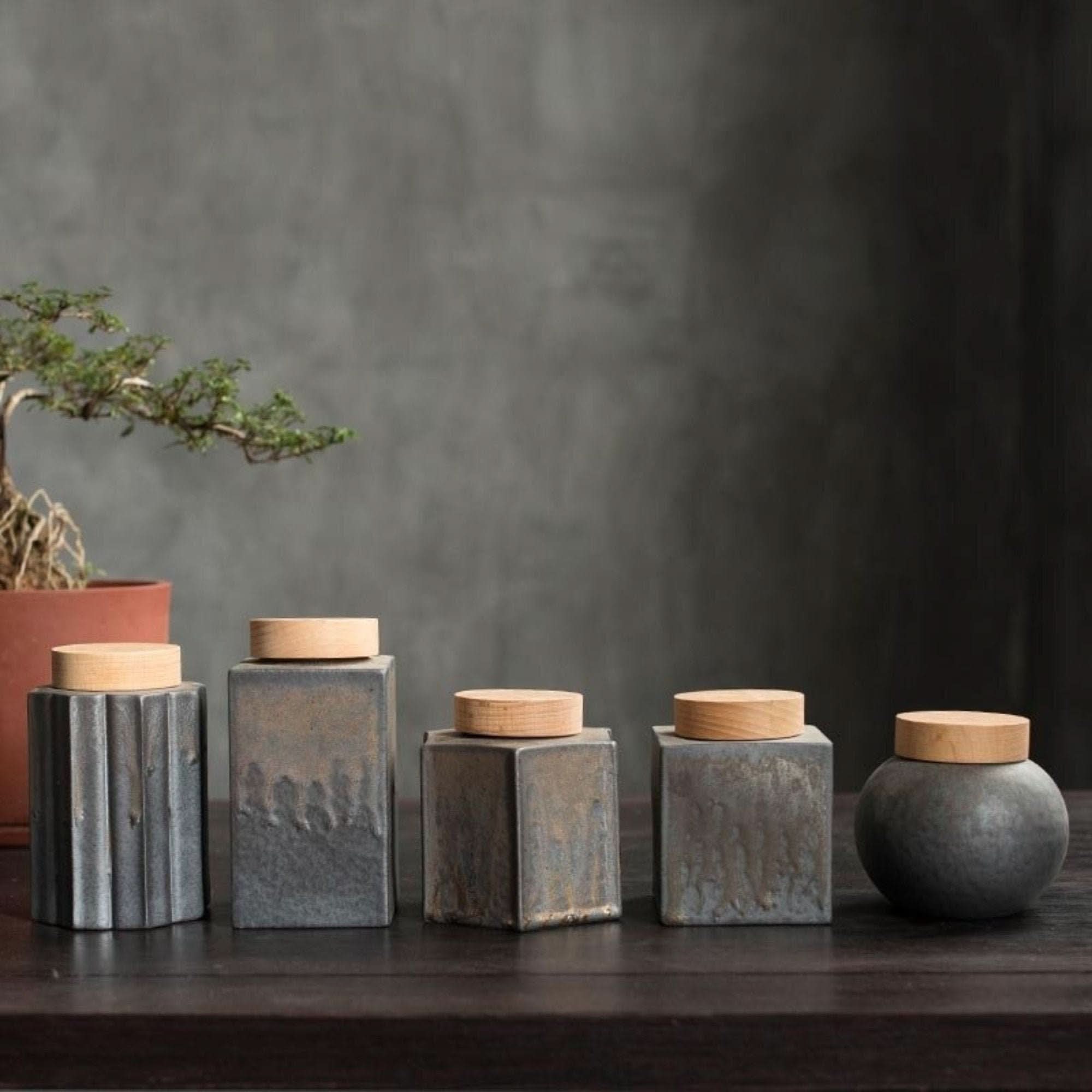 Set of 5 gray ceramic tea jars with wood lids, styled with a bonsai plant.