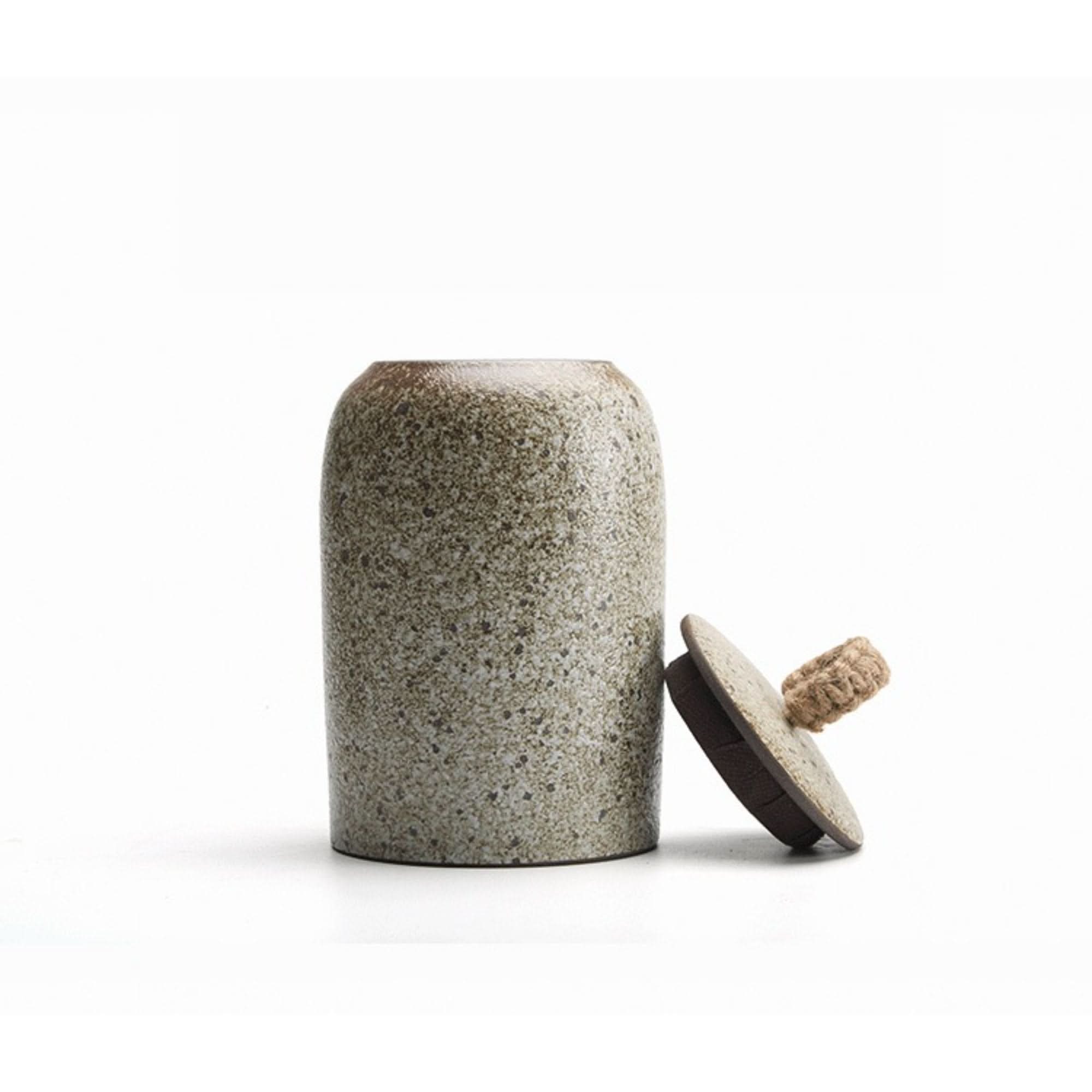 Speckled ceramic tea canister with jute cord lid, perfect for tea, coffee, sugar, spices, herbs.