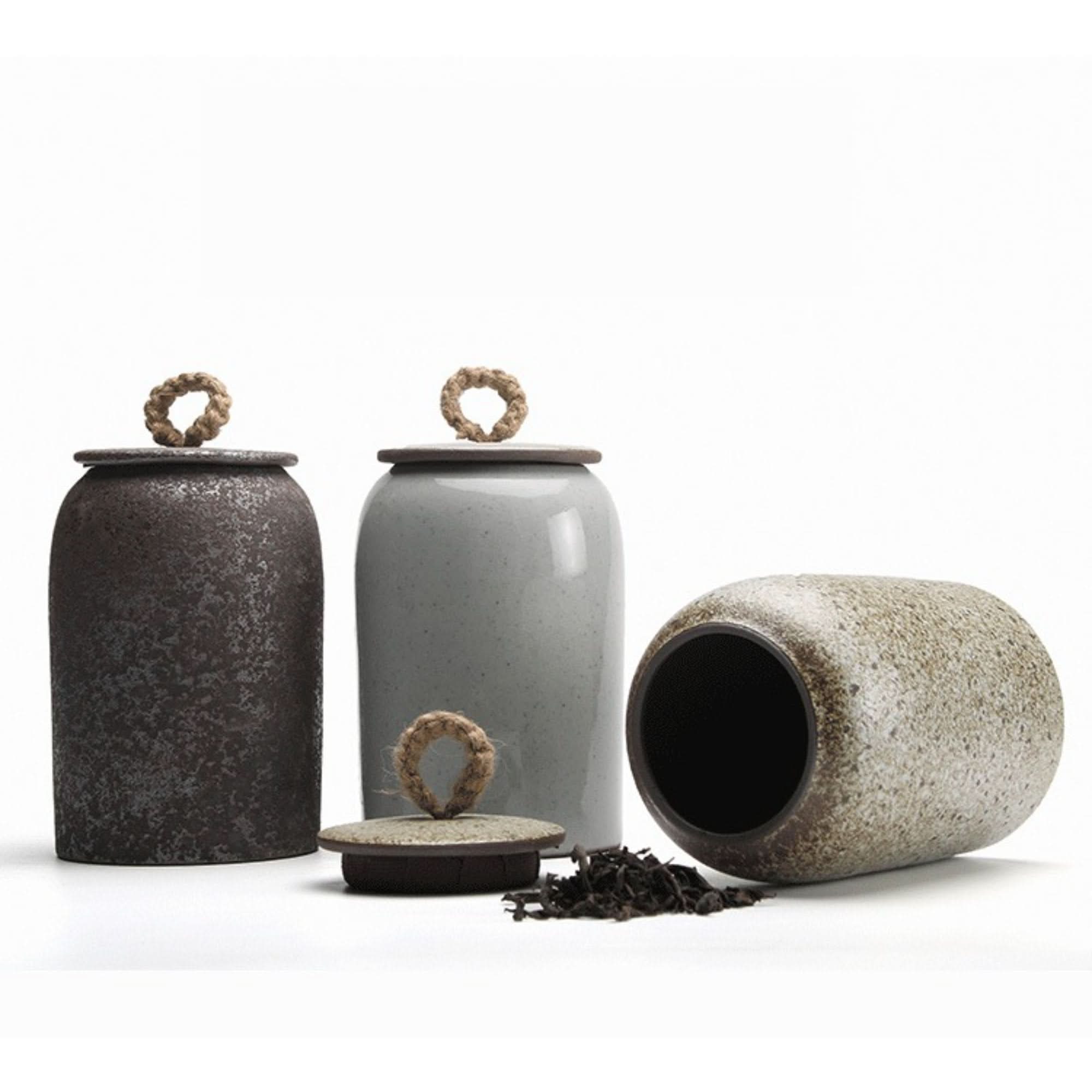 Ceramic tea canister with cord lid, rustic brown & grey storage jars for tea, coffee, sugar.