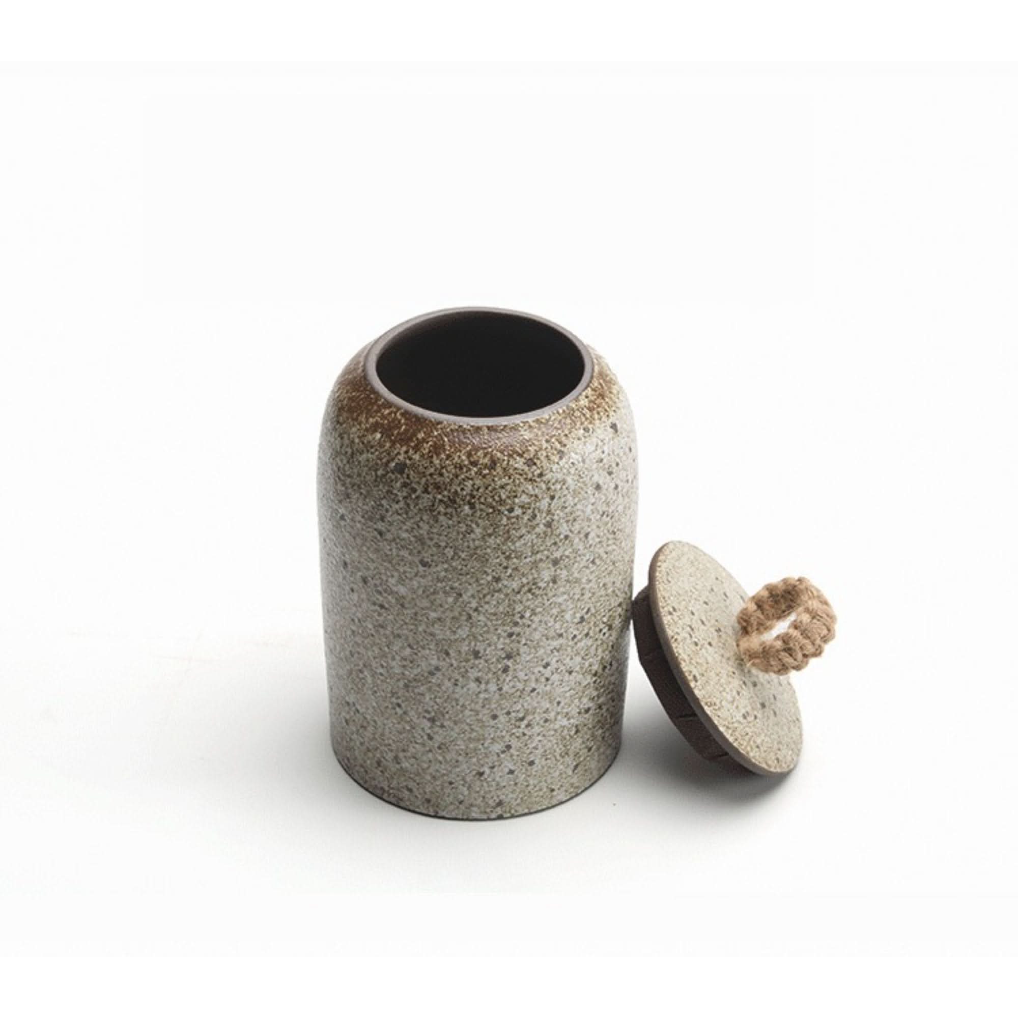 Ceramic tea canister with cord lid, speckled beige, perfect for tea, coffee, sugar, spices, herbs.