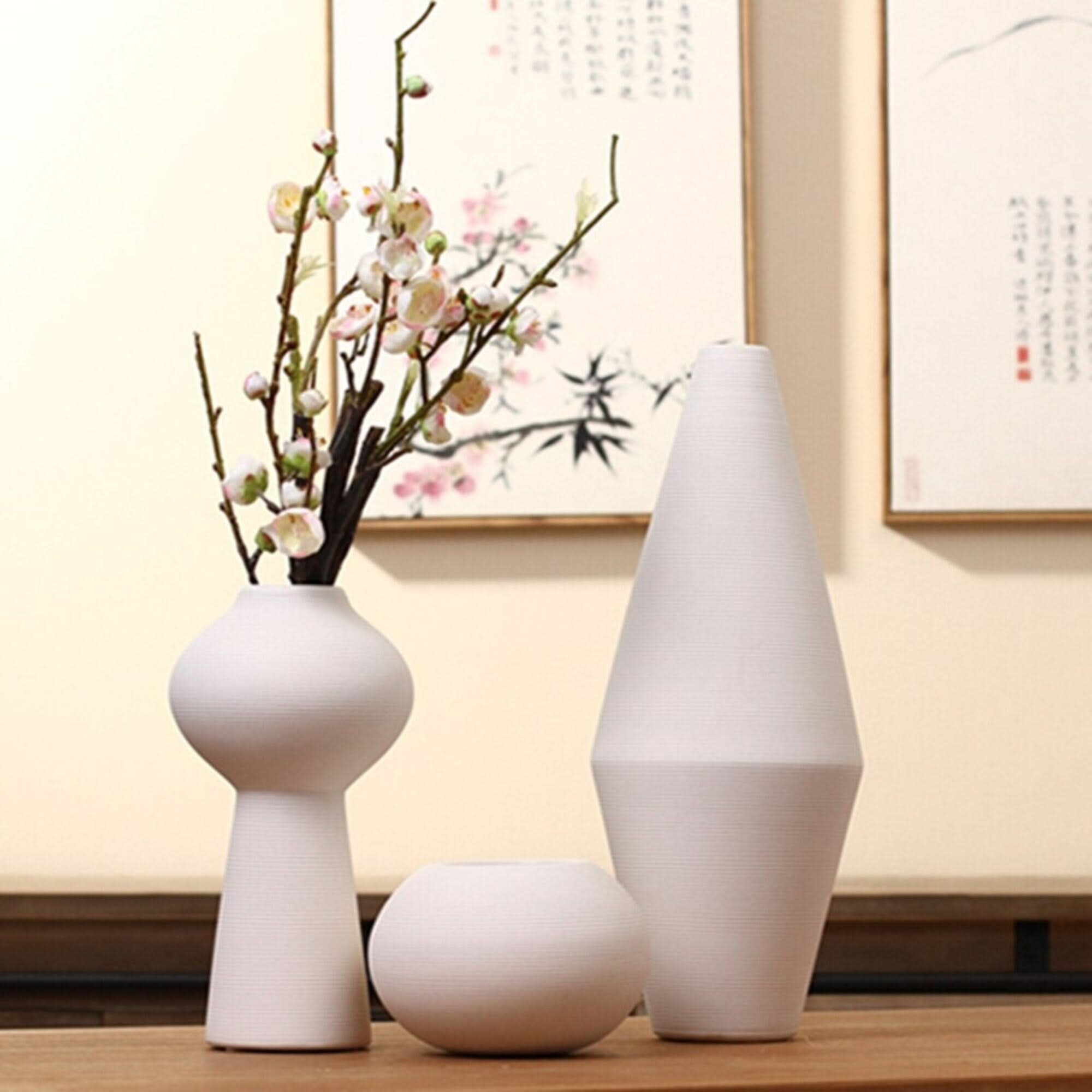 Japanese Ceramic Vases: minimalist white ceramic vase set, table decor