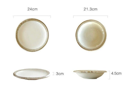 Japanese Dinnerware White Set With Brown Rough Edges. - -