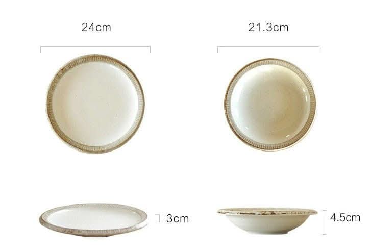 Japanese Tableware Handmade Set: Cream ceramic plates with textured gold rims, showcasing size details.