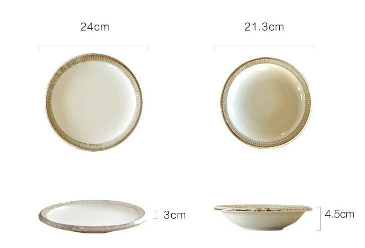 Japanese Dinnerware White Set With Brown Rough Edges. - -