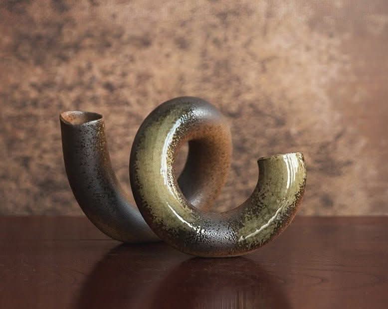 Japanese imported irregular spiral ceramic flower vase, earthy tones, textured finish