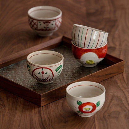 Japanese Imported Set of 5 Bowls 3.98", 11oz | Style Household Handmade Ceramic Rice Bowl Hand-painted Pattern - -