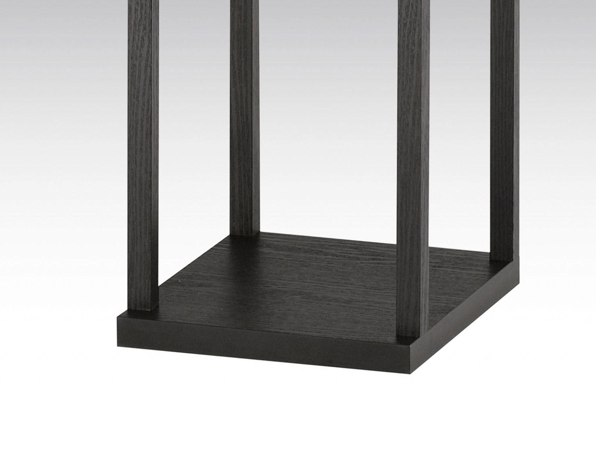 Dark wood frame of a Japanese Inspired Linen Floor Lamp With Storage Drawer