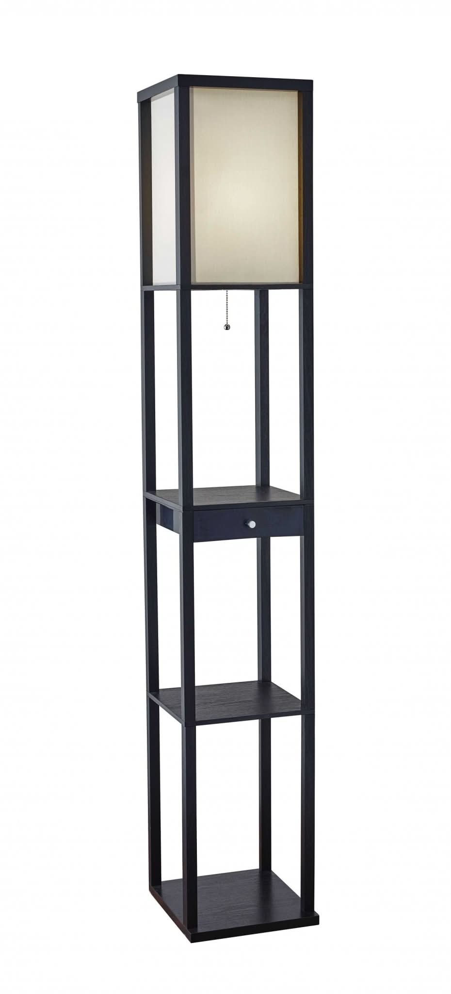 Black Japanese-inspired linen floor lamp with storage drawer, 72" & 62" heights.