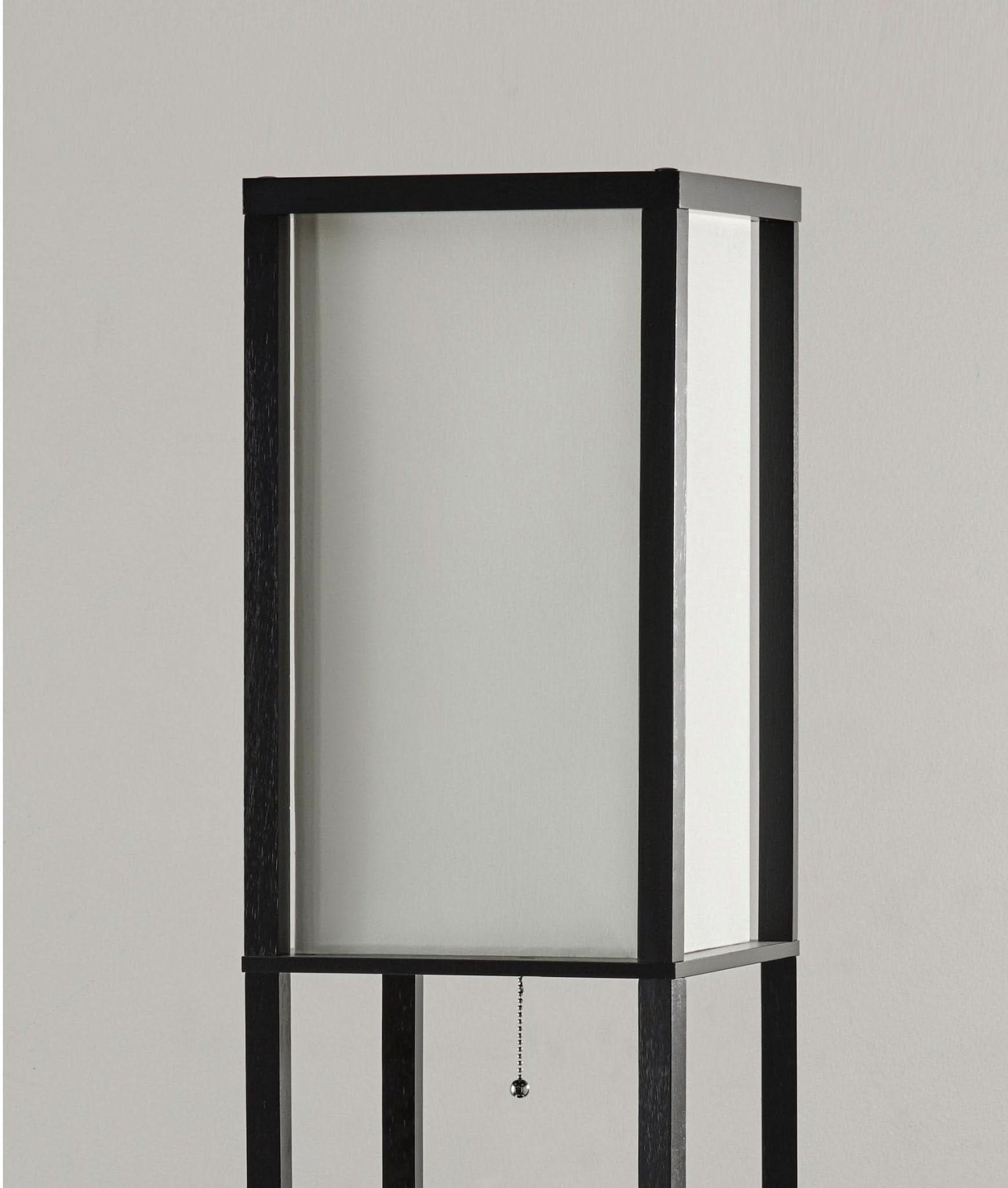 Japanese Inspired Linen Floor Lamp with storage drawer, black wood frame, neutral linen shade