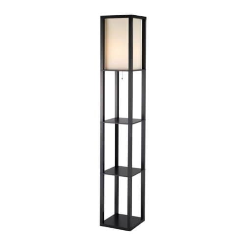 Black Japanese inspired linen floor lamp with storage shelves. 72" tall.
