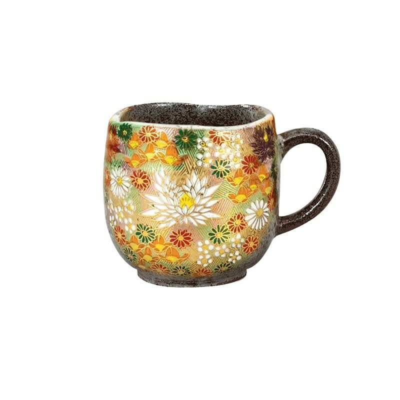 Japanese Kutani Yaki Hand-Made Golden Flower Cup, colorful ceramic tea cup.