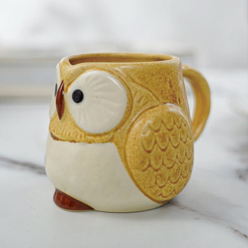 Stoneware Owl Mug, Japanese Mino Pottery. Textured golden-brown owl design with cream belly.