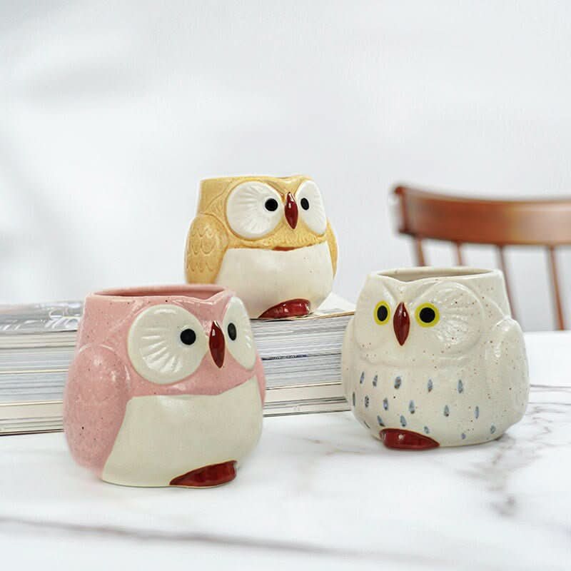 Pink, yellow, and white stoneware owl mugs, Japanese Mino pottery, home decor.
