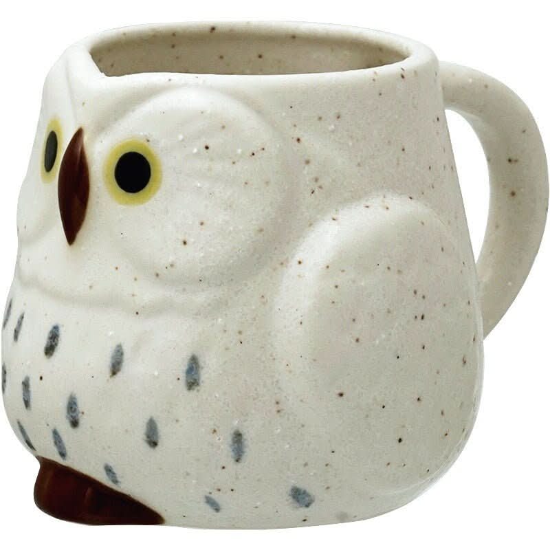 Speckled stoneware owl mug, Japanese Mino pottery, with yellow eyes and brown beak.