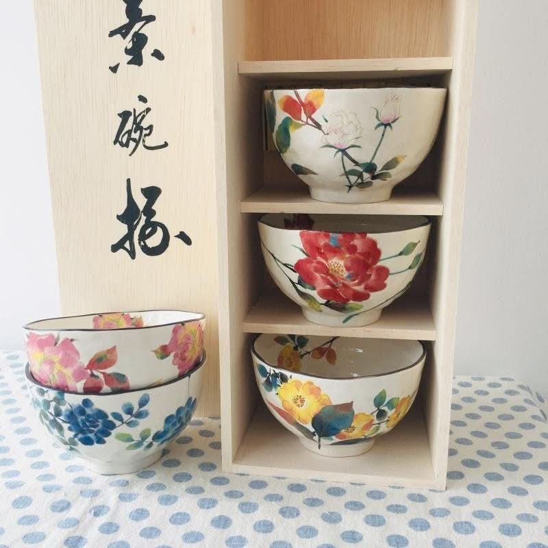 Floral Rice Bowl Set Made In Japan, four ceramic bowls with vibrant botanical designs.