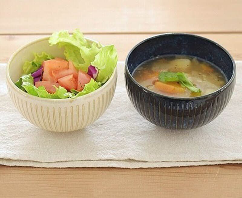 Japanese Retro Ceramic Glazed Bowl with stripes, shown with salad & soup.