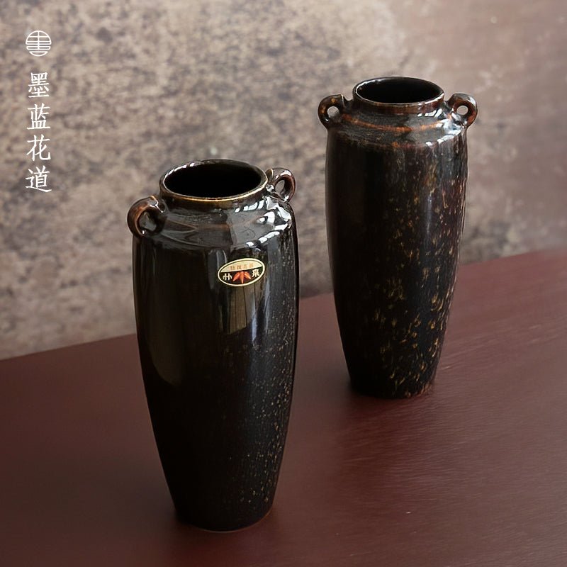 Japanese Small Ceramic Vase With Shiny Glaze Texture In black and Brown | Flower Arrangement - -