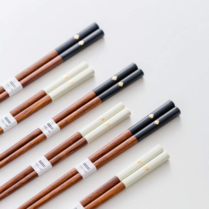 Japanese Solid Wood Peach Heart Chopsticks | Set of 5 pairs, black & cream, gold heart detail
