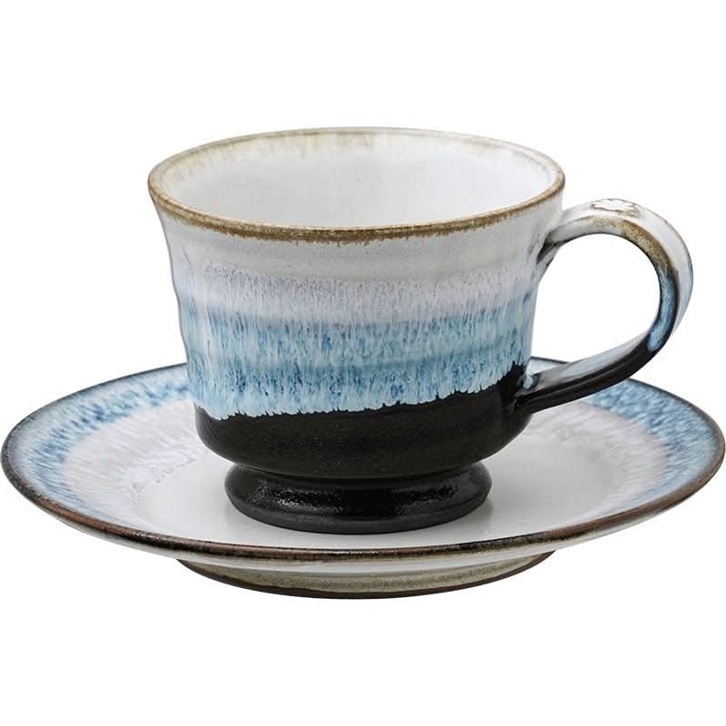Japanese Stoneware 3 Tone Glazed Mug With Coasters in blue, white, black.