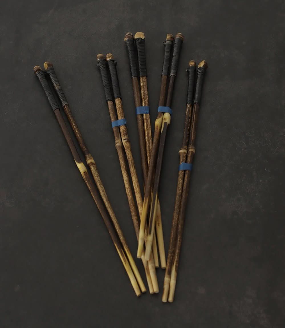 Japanese Style Bamboo Wood Chopsticks | Natural, dark brown bamboo with black wrap & blue bands.