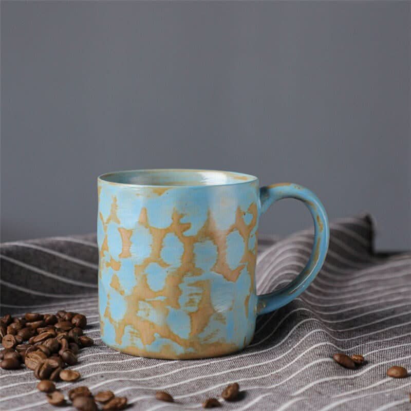 Japanese style ceramic coffee cup, retro mug with blue & tan reactive glaze, home decor.