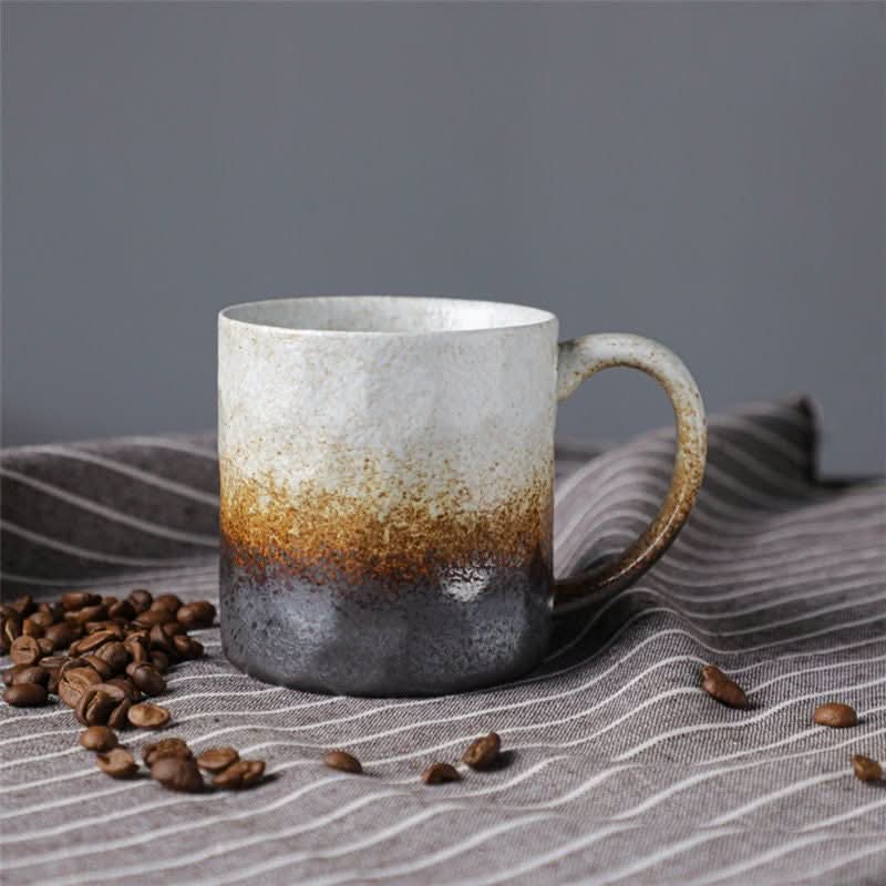 Japanese style ceramic coffee cup, retro mug, white, brown, grey glaze.