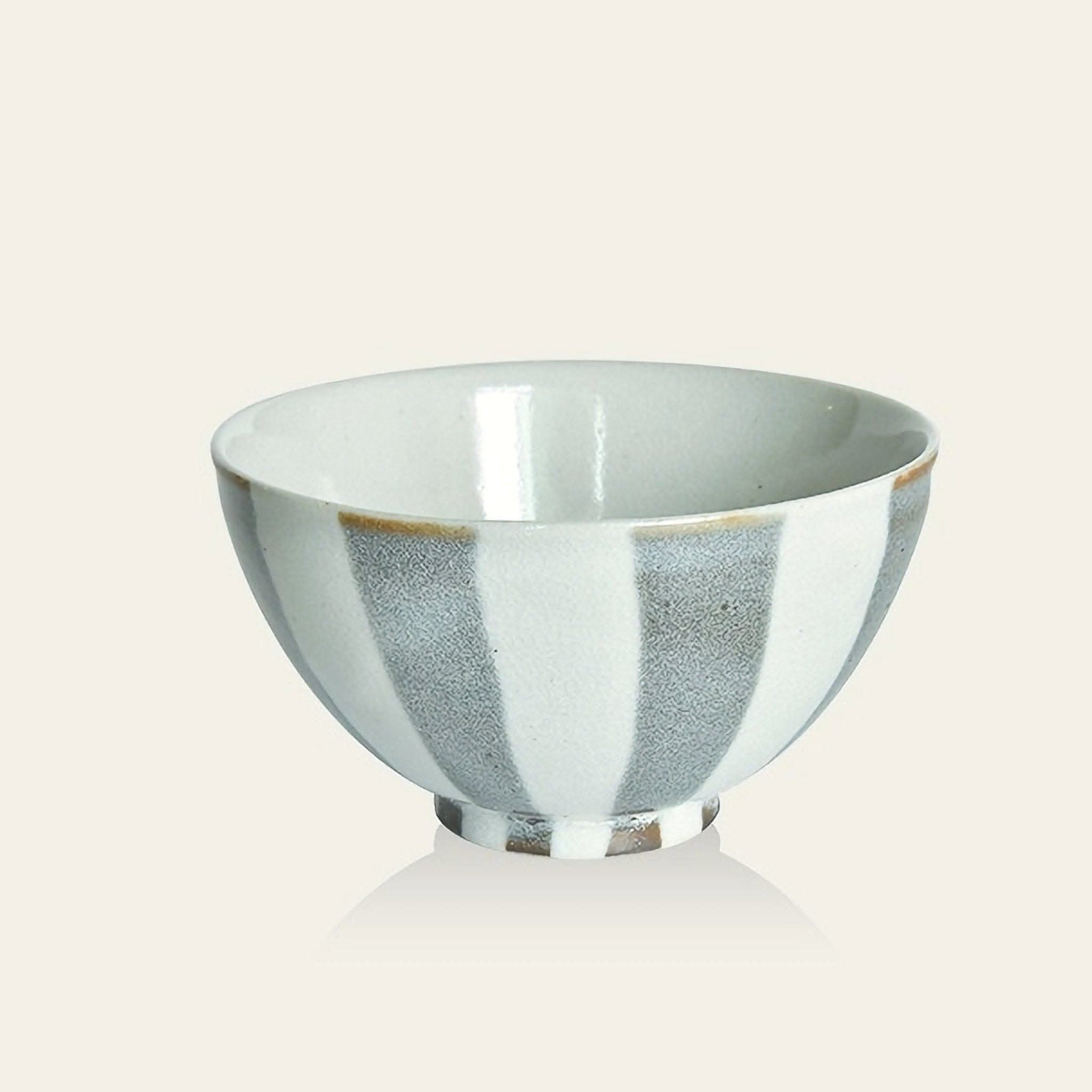 Japanese Minoyaki ceramic rice bowl with white and grey stripes