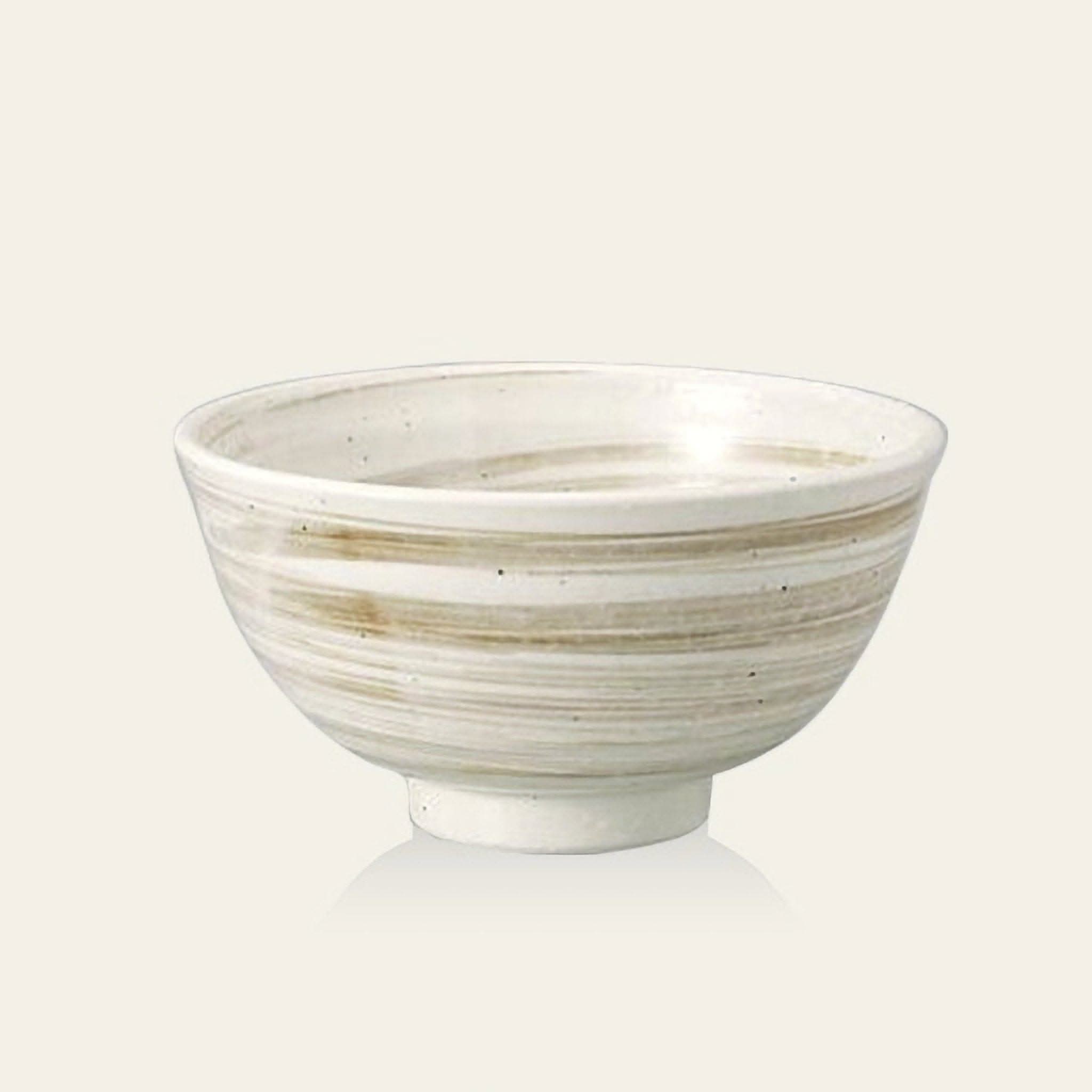 Handmade Japanese Minoyaki rice bowl in off-white with subtle brown streaks, ceramic household soup/salad bowl.