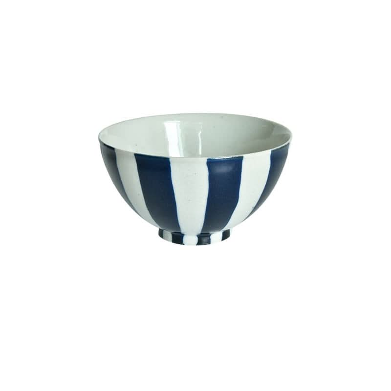 Blue and white striped Japanese-style Minoyaki tableware bowl.