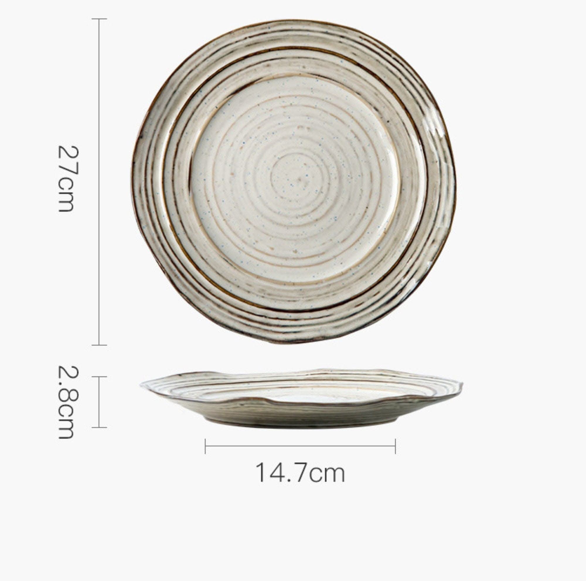 Japanese Style Retro Ceramic Plate: reactive glaze stoneware with rustic, swirled pattern.