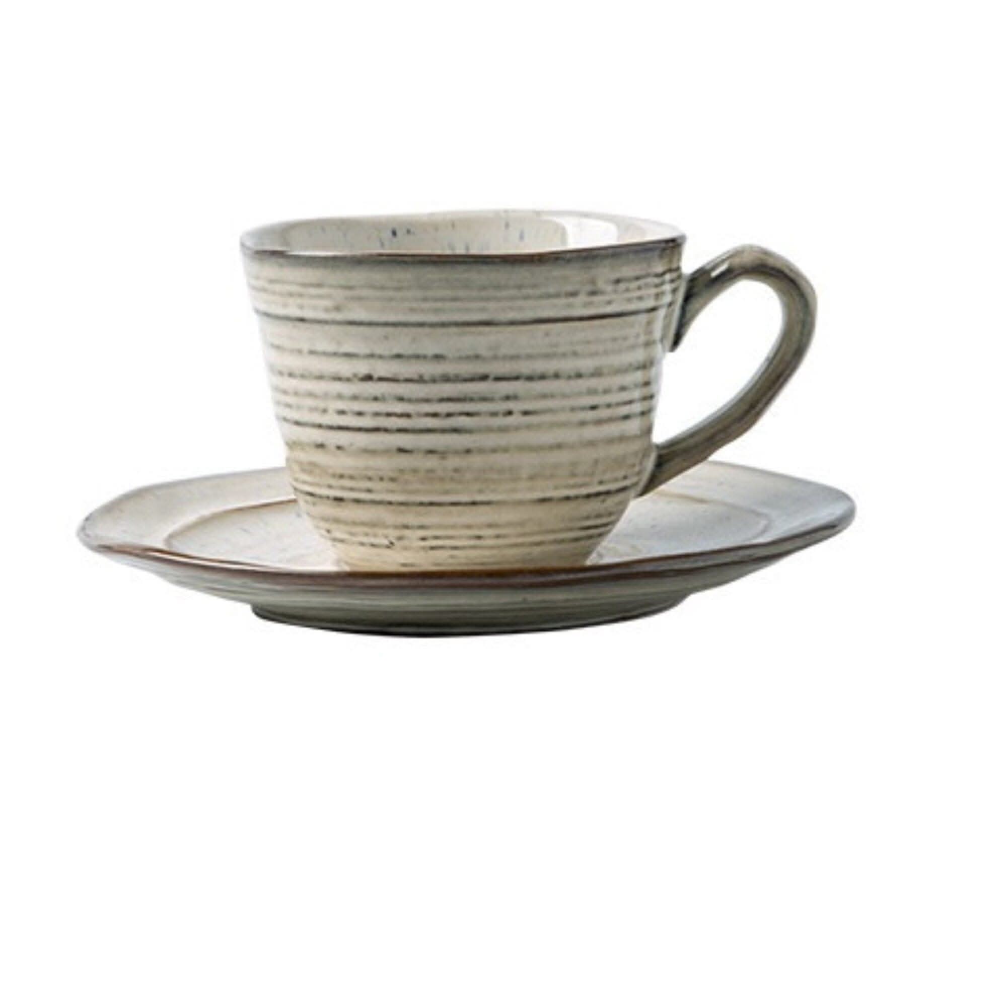 Japanese Style Retro Ceramic Cup and Saucer, reactive glaze stoneware.