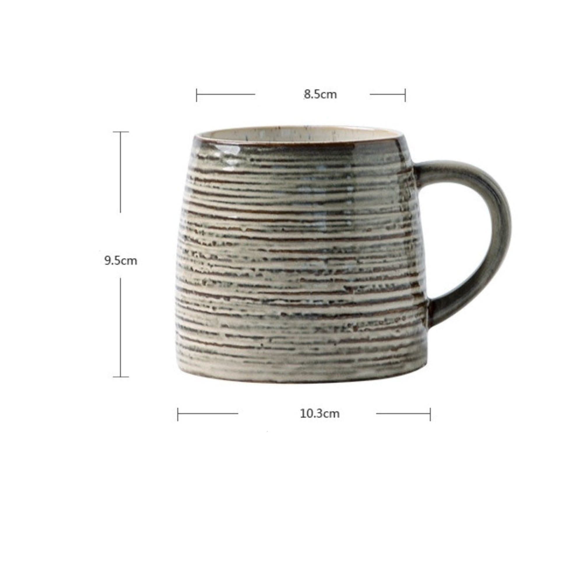Japanese Style Retro Ceramic Mug with reactive glaze finish, 9.5cm H x 8.5cm W.