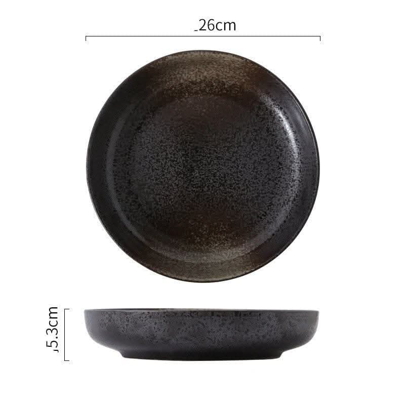 Japanese-style simple tableware: creative ceramic deep dish salad plate in dark speckled glaze.