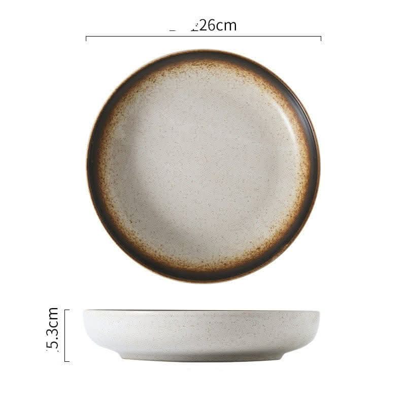 Japanese-style ceramic deep dish with rustic brown rim. Creative salad tableware, 26cm diameter.