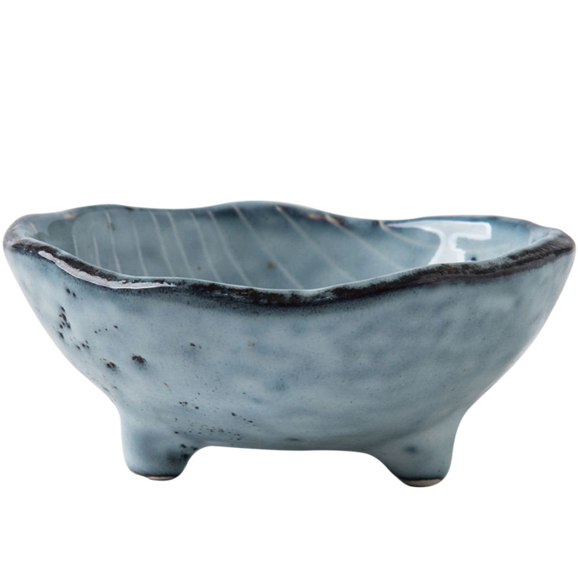 Blue textured ceramic dish with feet, part of Japanese Tableware Ceramic Set.