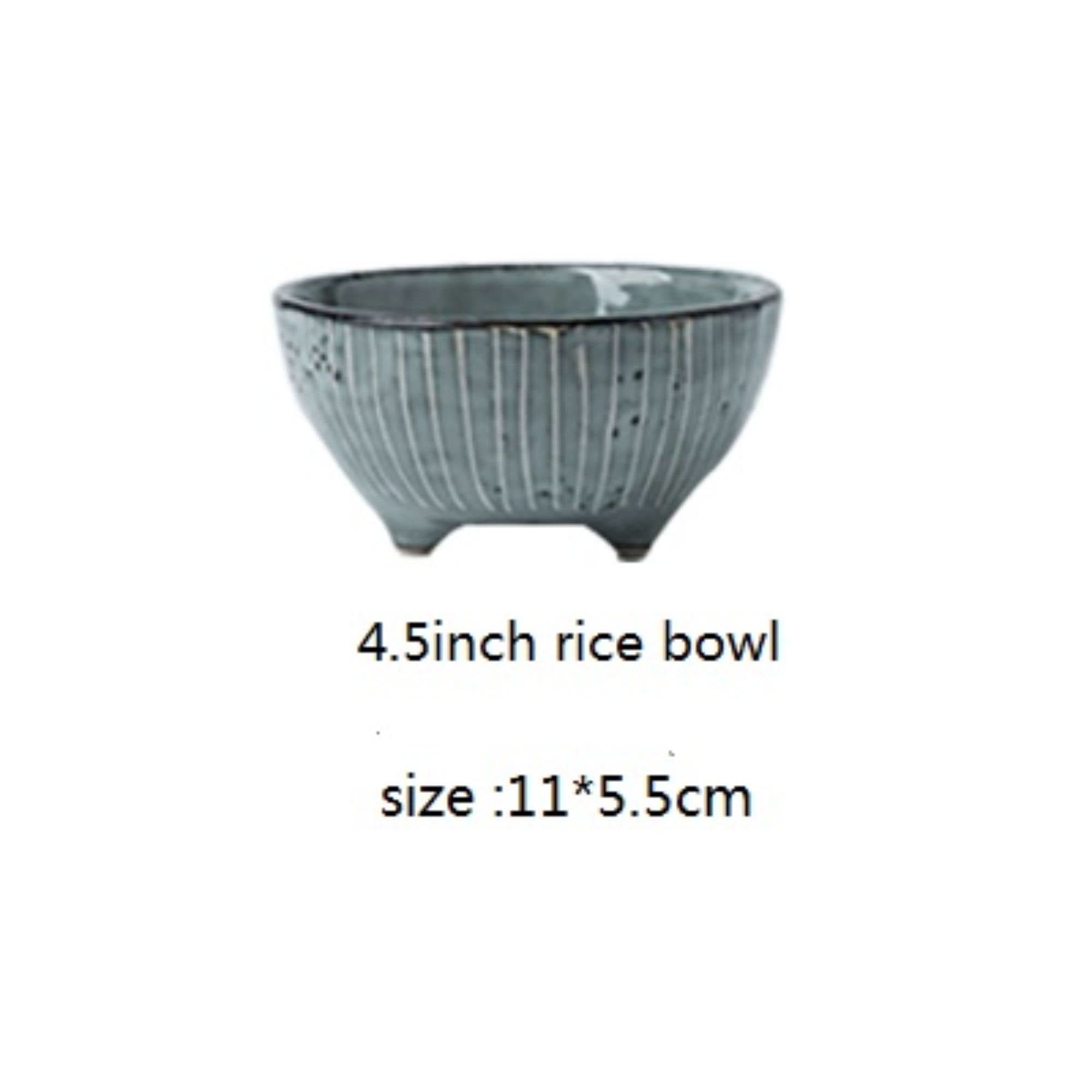 Grey striped ceramic Japanese rice bowl with three feet. Home Decor.