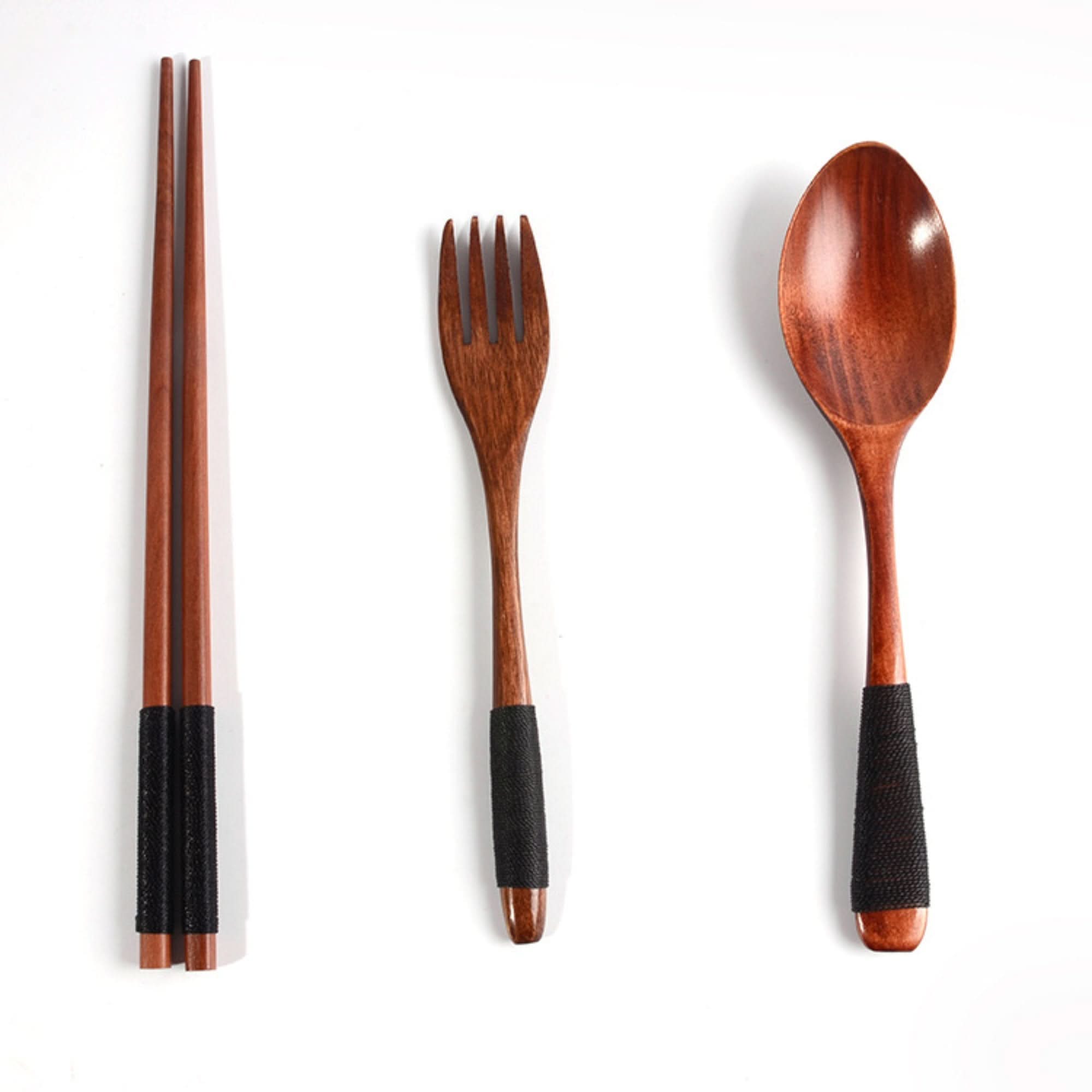 Japanese wood cooking utensils with case: natural wooden spoon, fork, and chopsticks set.