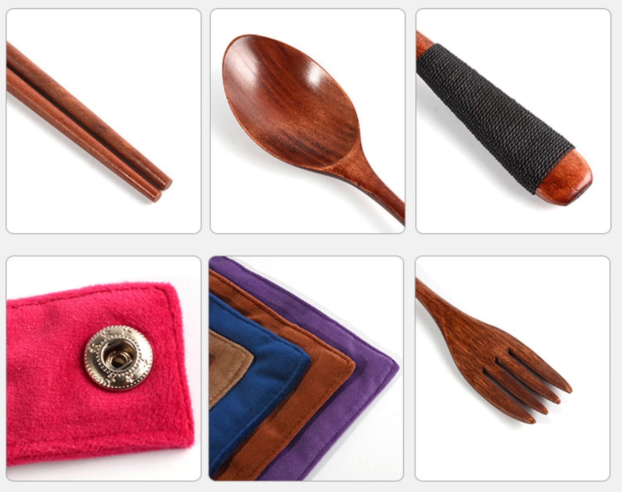 Japanese wood cooking utensils with case: natural wooden spoon set & fork on white.