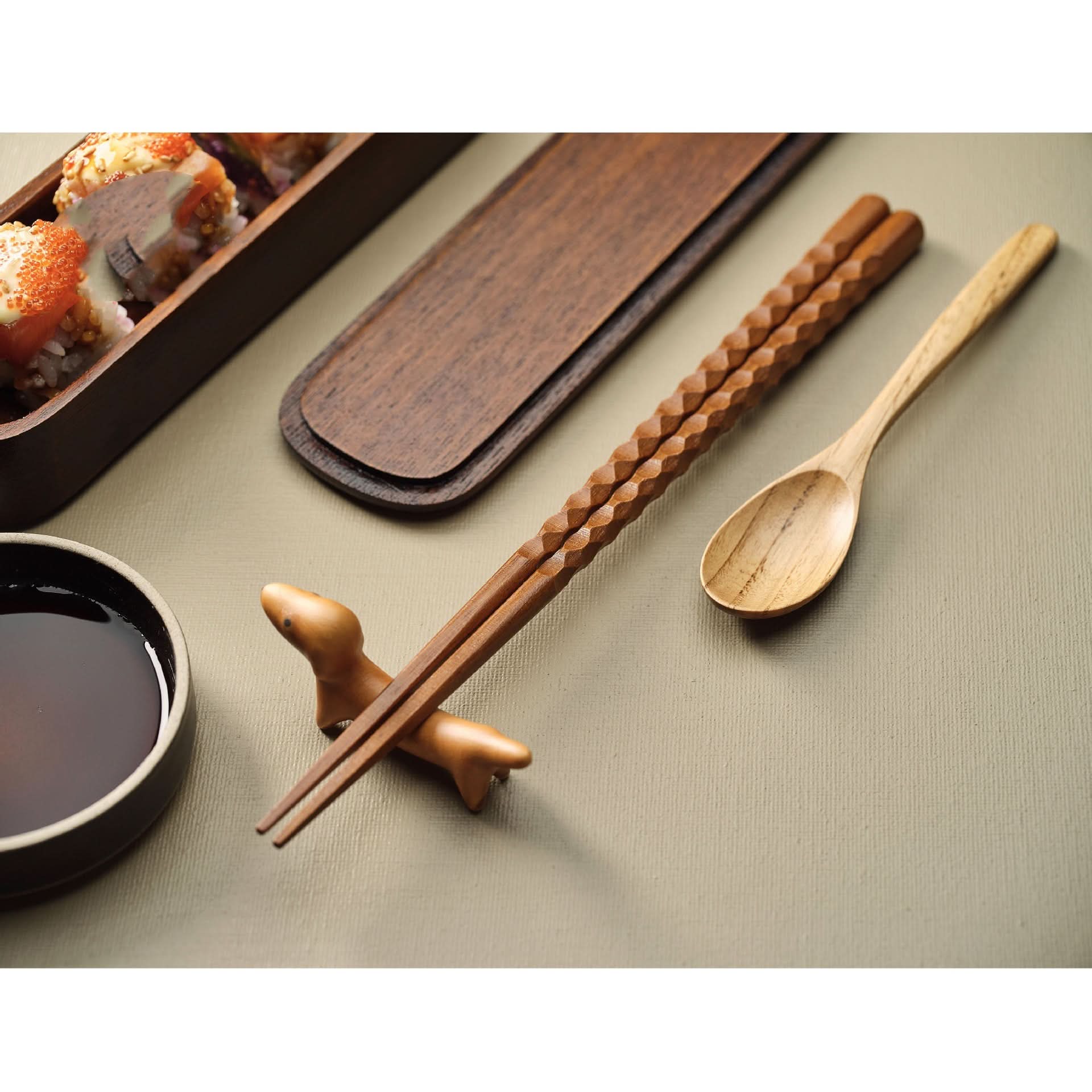 Japanese wooden chopsticks with carvings, spoon, rest & sushi set. Natural wood.