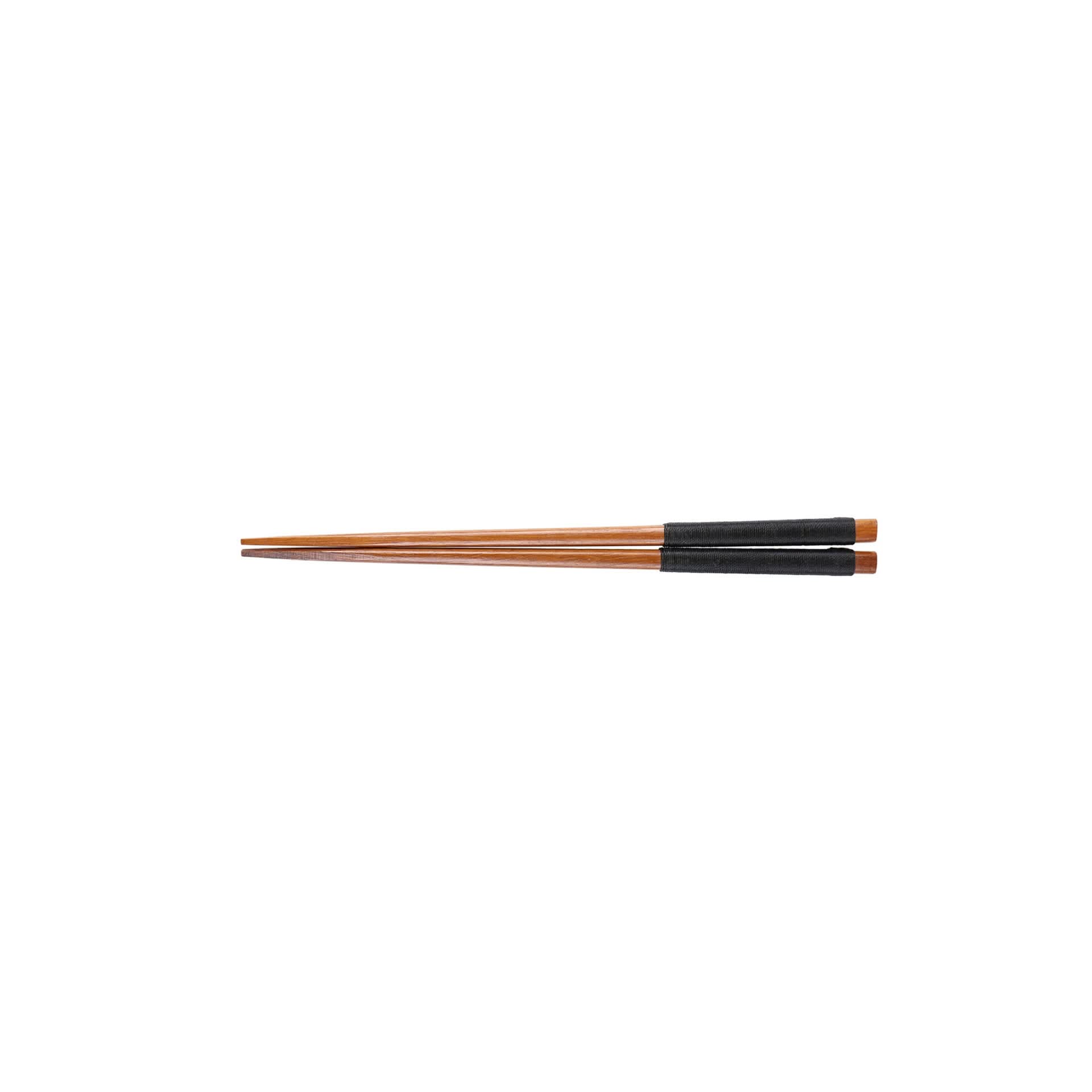 Japanese wooden chopsticks with black grips, natural wood, carved.