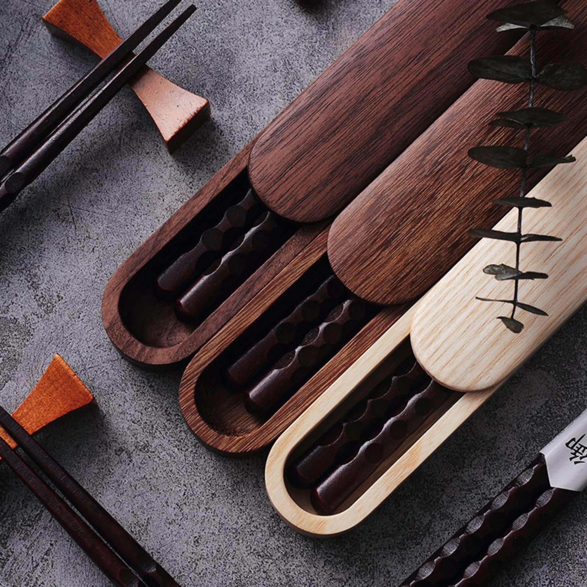 Natural wood Japanese chopsticks with case and spoon set, dark wood chopsticks with wood holders.