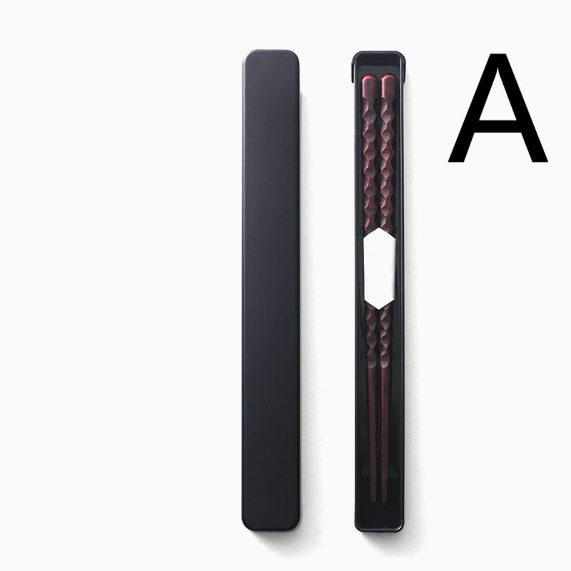 Japanese wooden chopsticks with dark red carved design in black case, natural wood finish.