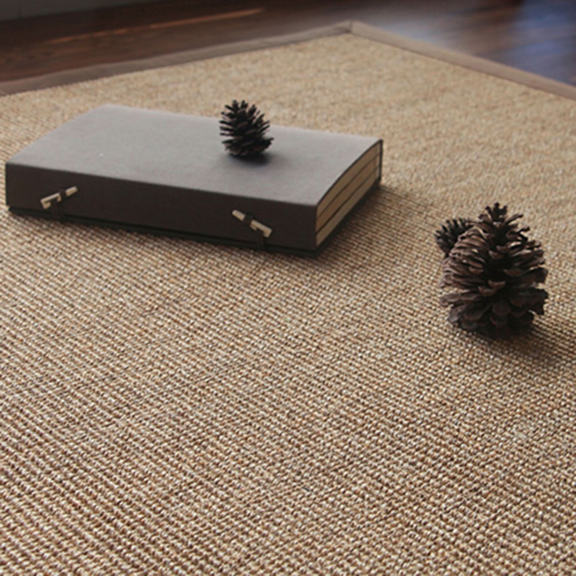 Natural fiber Jug Rug with covered borders, featuring a book and pinecones.