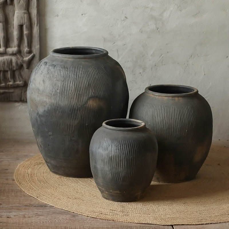 Large Round Black and Brown Floor Vase - -