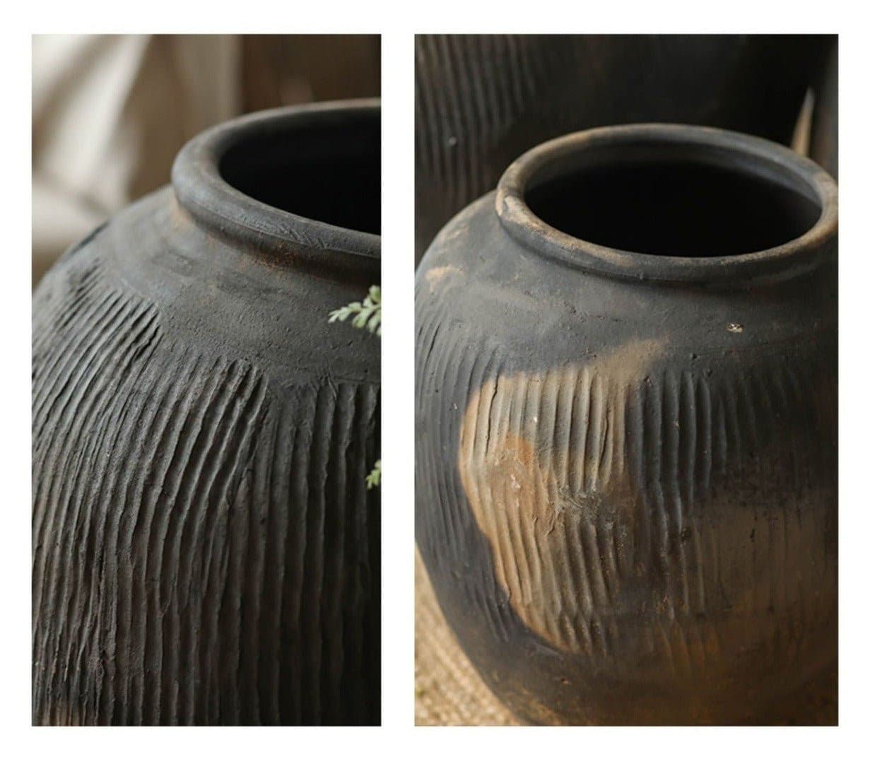 Large Round Black and Brown Floor Vase - -