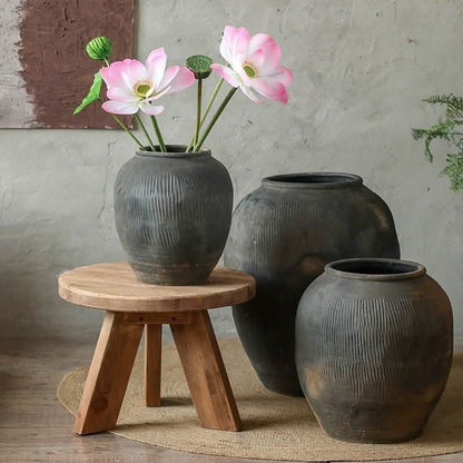 Large Round Black and Brown Floor Vase - -