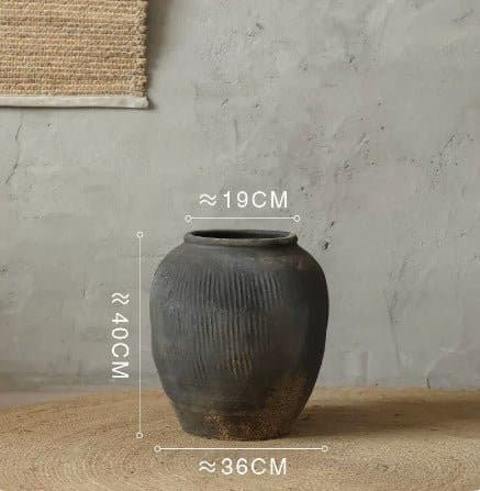 Large Round Black and Brown Floor Vase - -