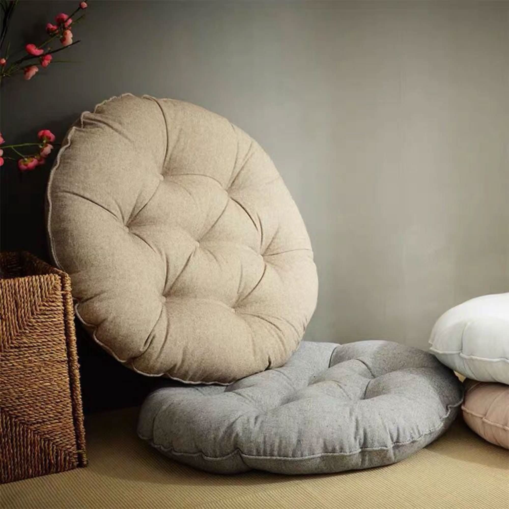 Linen Meditation Cushion 23" & 18" in tan and gray with tufted design. Home decor.