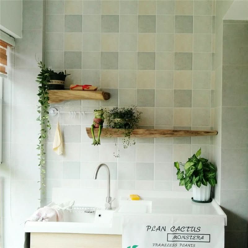 Log live edge wall hanging shelves display plants and decor above a sink.