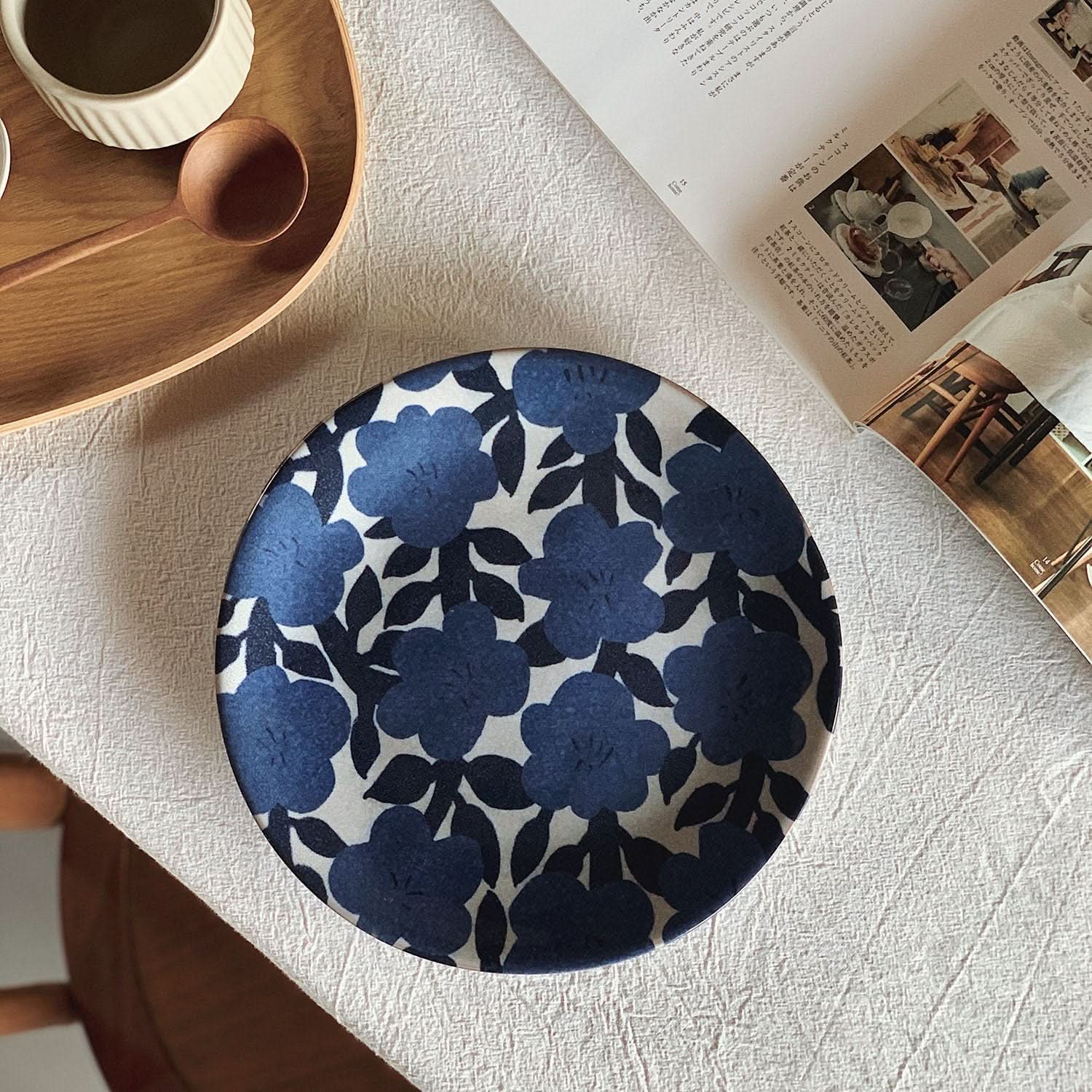 Blue floral Matisse Inspired Stoneware Plate 8", ceramic tableware with rustic Nordic design.
